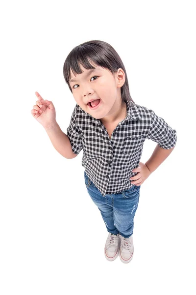 Menina Pequena Feliz Apontando Linda Menina Apontando Escola Educação Conceito — Fotografia de Stock