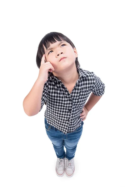 Uma Menina Roupas Casuais Olhando Para Cima Pensando Isolado Fundo — Fotografia de Stock