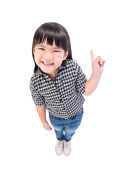 Menina Pequena Feliz Apontando Linda Menina Apontando Escola Educação Conceito — Fotografia de Stock