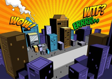Comic Scene, Şehir Arkaplanı Yazılı ortamda veya web sitesinde illüstrasyon yapmak için, vektör illüstrasyonu.