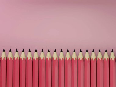 Gerçekçi pembe kalem grupları, tecrit edilmiş pembe arka plan, okul veya üniversite araçları. 3d illüstrasyon.