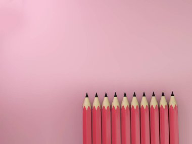 Gerçekçi pembe kalem grupları, tecrit edilmiş pembe arka plan, okul veya üniversite araçları. 3d illüstrasyon.