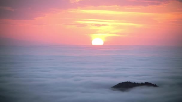 高い山の峰からの時間経過 背景の雲は 優れた最終的な天の高高度壮大な壮大な日没神秘的な自由の上に雲の終わりの海は 自然の豪華な仕上げを終了します — ストック動画