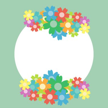 Renkli arka planda renkli basit çiçek buketi. Süslü çerçeve. Düğün kartı, doğum günü, tatil. Vektör arkaplan illüstrasyonu.