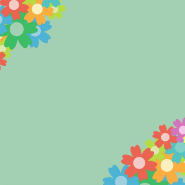 Renkli arka planda renkli basit çiçek buketi. Süslü çerçeve. Düğün kartı, doğum günü, tatil. Vektör arkaplan illüstrasyonu.