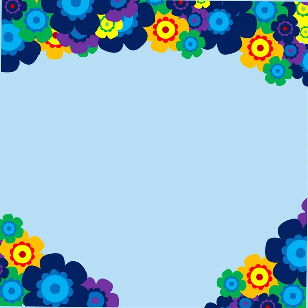 Ramo Flores Simples Color Sobre Fondo Azul Marco Con Decoración — Vector de stock