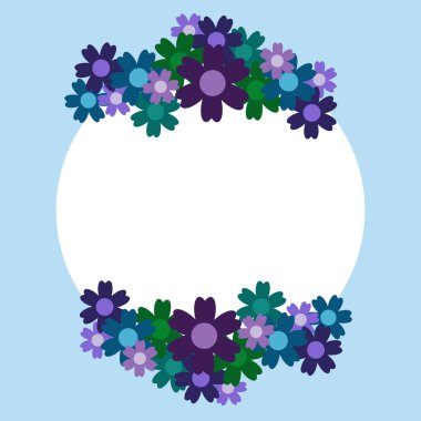 Mavi arka planda renkli, basit bir çiçek buketi. Süslü çerçeve. Düğün kartı, doğum günü, tatil. Vektör arkaplan illüstrasyonu.