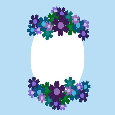 Mavi arka planda renkli, basit bir çiçek buketi. Süslü çerçeve. Düğün kartı, doğum günü, tatil. Vektör arkaplan illüstrasyonu.
