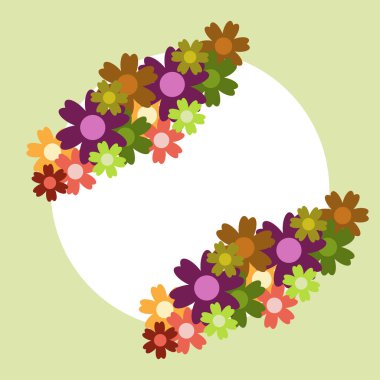 Yeşil arka planda renkli basit çiçek buketi. Süslü çerçeve. Düğün kartı, doğum günü, tatil. Vektör arkaplan illüstrasyonu.
