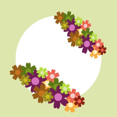 Yeşil arka planda renkli basit çiçek buketi. Süslü çerçeve. Düğün kartı, doğum günü, tatil. Vektör arkaplan illüstrasyonu.