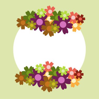 Yeşil arka planda renkli basit çiçek buketi. Süslü çerçeve. Düğün kartı, doğum günü, tatil. Vektör arkaplan illüstrasyonu.