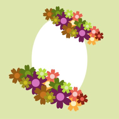 Yeşil arka planda renkli basit çiçek buketi. Süslü çerçeve. Düğün kartı, doğum günü, tatil. Vektör arkaplan illüstrasyonu.