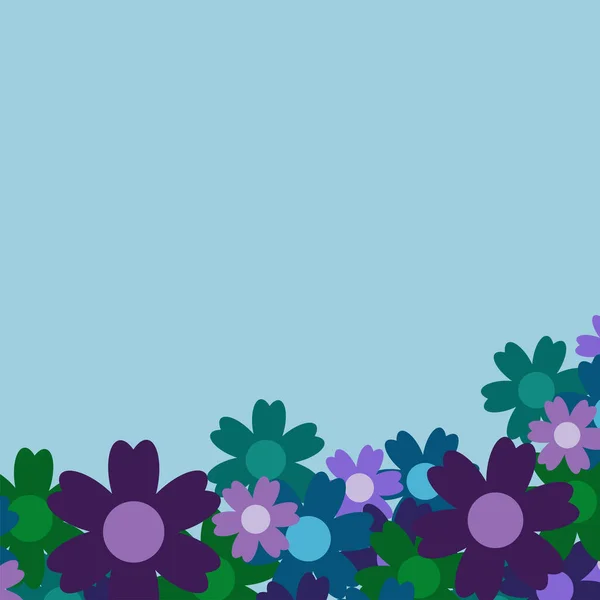 Buquê Flores Simples Colorido Fundo Azul Moldura Com Decoração Cartão — Vetor de Stock