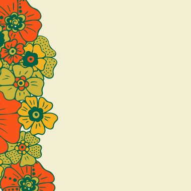 Renkli arka planda renkli basit çiçek buketi. Süslü çerçeve. Düğün kartı, doğum günü, tatil. Vektör arkaplan illüstrasyonu.