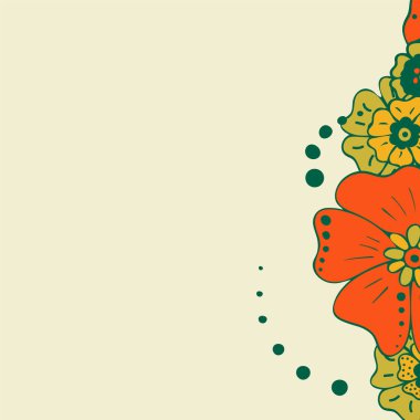 Renkli arka planda renkli basit çiçek buketi. Süslü çerçeve. Düğün kartı, doğum günü, tatil. Vektör arkaplan illüstrasyonu.