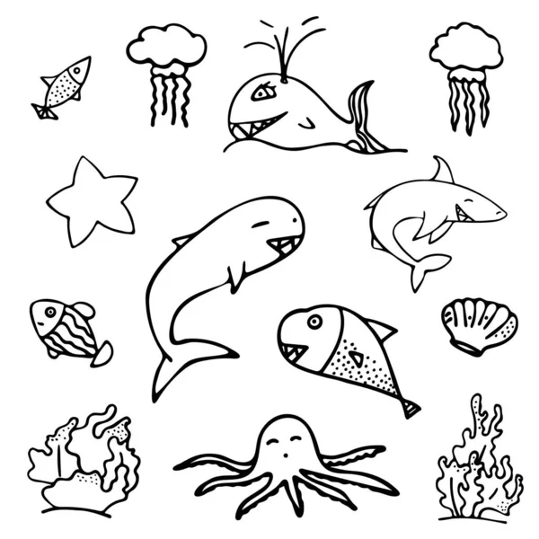 Conjunto de peces blancos y negros aislados, coral, estrellas de mar y medusas sobre fondo blanco . — Archivo Imágenes Vectoriales
