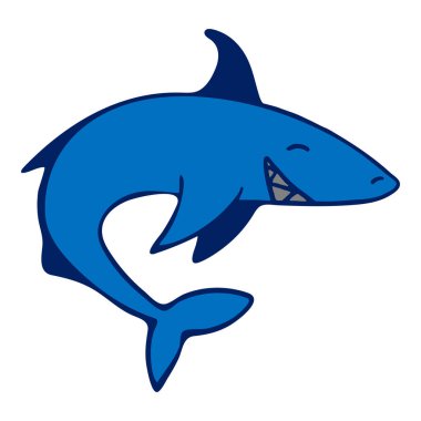 Beyaz arka planda vektör renkli köpekbalığı görüntüsü. Su altı dünyası karikatür çizimi Panorama, baskı, gömlek, çocuk, bebek, yüzme havuzu, oyun, uygulama ve çıkartmalar için izole nesne.