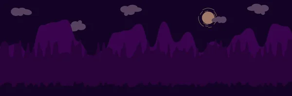 山や森の夜の風景フラットベクトルイラストで 水平線に木々や丘のピークシルエットと自然景観 シーン漫画の背景 フラットコンセプト ウェブサイトのテンプレート Uiデザイン — ストックベクタ