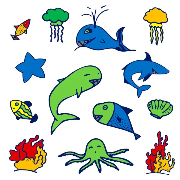 Conjunto Peces Dibujos Animados Concha Marina Estrellas Mar Medusas Coral — Vector de stock