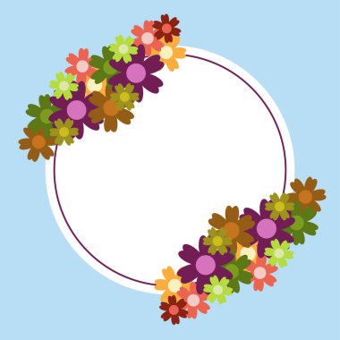 Mavi arka planda renkli, basit bir çiçek buketi. Süslü çerçeve. Düğün kartı, doğum günü, tatil. Vektör arkaplan illüstrasyonu.