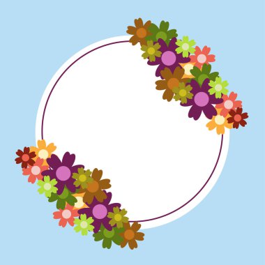 Mavi arka planda renkli, basit bir çiçek buketi. Süslü çerçeve. Düğün kartı, doğum günü, tatil. Vektör arkaplan illüstrasyonu.