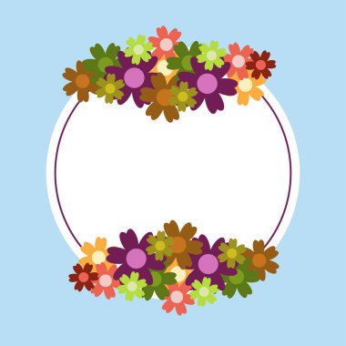 Mavi arka planda renkli, basit bir çiçek buketi. Süslü çerçeve. Düğün kartı, doğum günü, tatil. Vektör arkaplan illüstrasyonu.