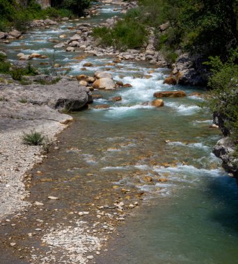Dağdaki taşların arasından akan suyu oluşturan kıllı bir manzara.