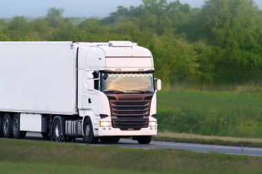 Yeşil çayır boyunca giden boş kargo kamyonu