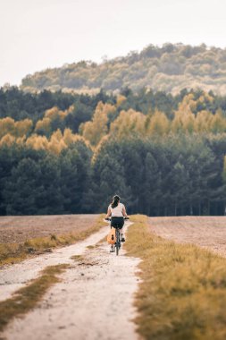 Yeşil yaz ormanlarında bisiklet süren bir kadın