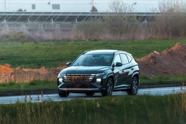 Elektrikli araba sürücüsü açık alanda geziniyor.