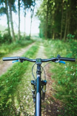 Yaz ormanlarında bisiklet sürüyor.