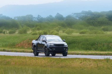 Truck crossing rural road in summer nature