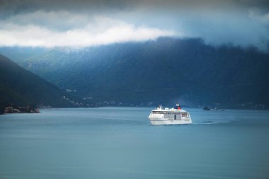 Kotor Körfezi 'nin manzaralı sularında seyreden bir gemi.