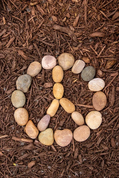 Parçalanmış ağaç kabuğuna yerleştirilmiş yumuşak taşlardan yapılmış barış sembolü