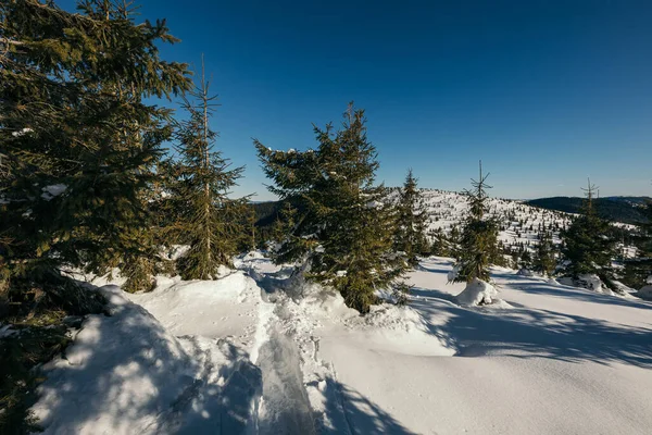 Um homem montado em cima de uma encosta coberta de neve — Fotografia de Stock