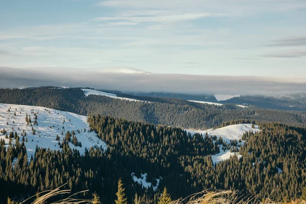 Um grupo de pessoas em pé no topo de uma montanha coberta de neve — Fotografia de Stock