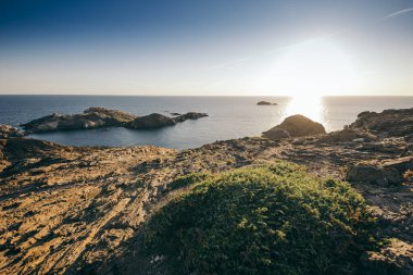 Bir su kütlesinin yanında kayalık bir plaj.