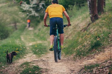 Toprak yolda bisiklet süren bir adam
