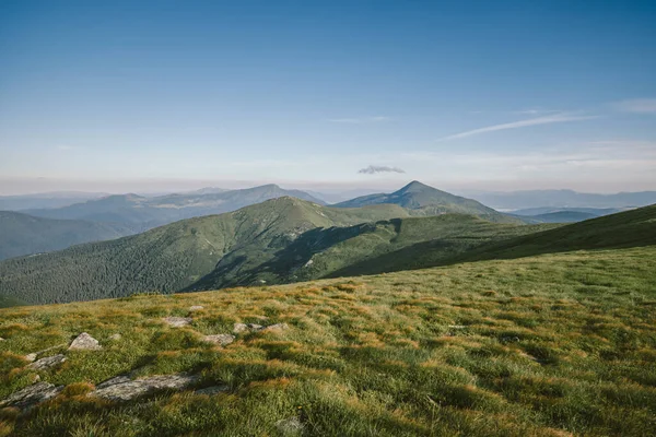 Un gran campo verde con una montaña en el fondo — Foto de Stock