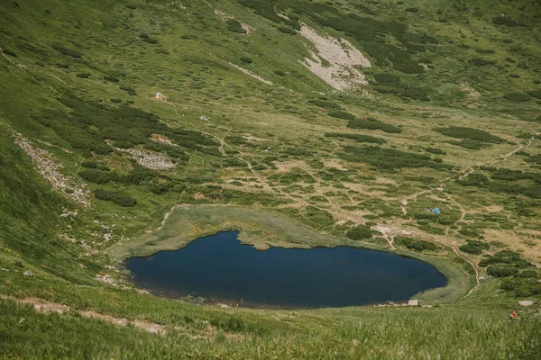 Un gran campo verde con una montaña en el fondo — Foto de Stock