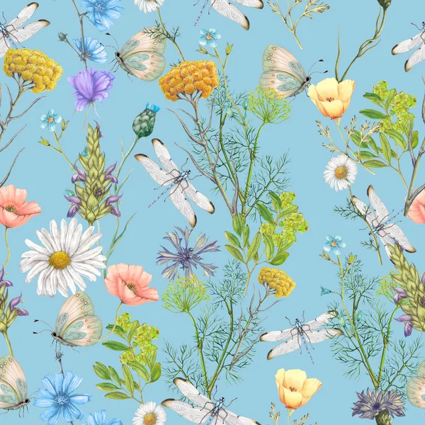 Seamless pattern of hand drawn garden wildflowers with insects