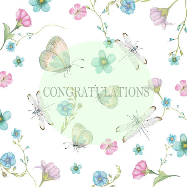 Akvarell Gratulationskort Med Trädgård Blommor — Stockfoto