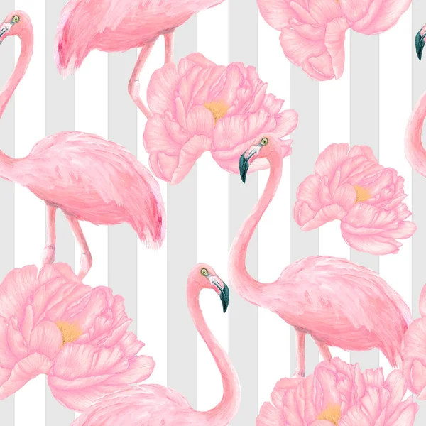 Modèle Sans Couture Flamants Roses Aquarelle Avec Pivoines — Photo