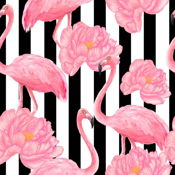Бесшовный Рисунок Акварельных Фламинго Пионами — стоковое фото