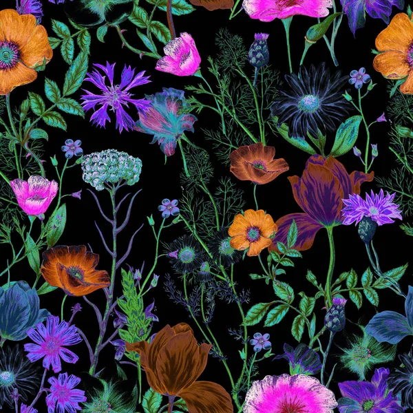 ネオン花のシームレス パターン — ストック写真