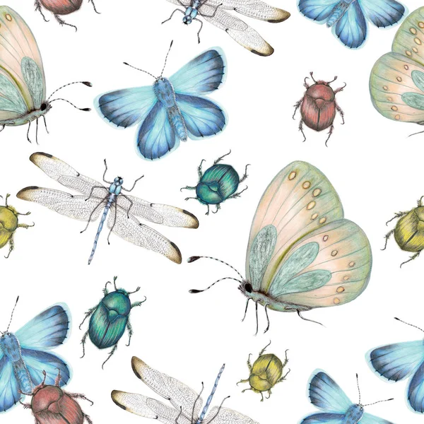Seamless pattern of hand drawn insects