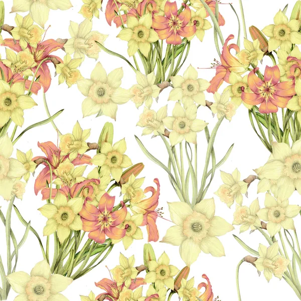 Seamless Pattern Hand Drawn Daffodils — Stock Photo, Image