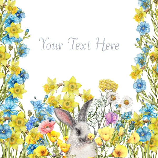 Hand drawn card of fluffy bunny with garden wildflowers