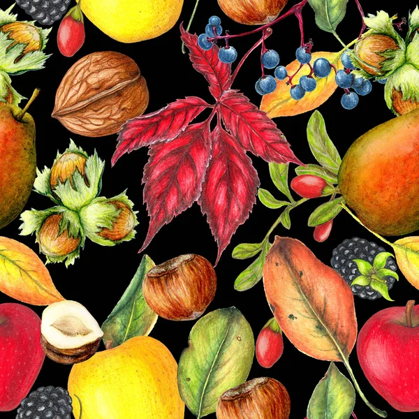 Padrão Outono Sem Costura Frutas Nozes Folhas — Fotografia de Stock