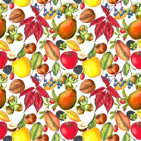 Seamless Autumn Pattern Fruits Nuts Leaves — Stock Photo, Image